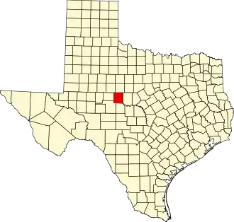 Map of Texas highlighting Runnels County