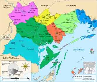 A political and demographic map of the Hải Ninh Province at the time of the Nùng Autonomous Territory.