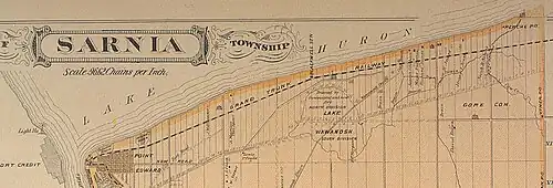 The St Clair River is the large watercourse on the western side of this map, Cow Creek is the larger watercourse on the east of this map.