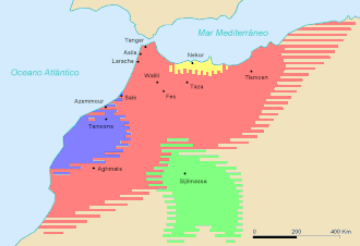 The Emirate of Nekor (yellow) at the time of the Idrisid dynasty.