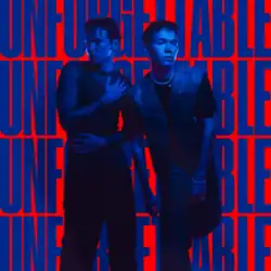 Two men in blue light standing in front of the album title in blue capital letters on a red background