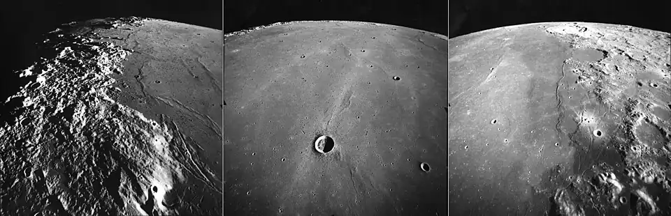These are three views of Mare Serenitatis, taken by the mapping camera of the Apollo 17 mission in 1972, facing north-northeast from an average altitude of 107&nbsp;km. At the right is the east margin of Mare Serenitatis, with the 95&nbsp;km diameter crater Posidonius at the central horizon, the basalt-flooded Le Monnier crater to the south, the mare ridge (or wrinkle ridge) Dorsa Aldrovandi at center, Littrow crater at the right, and the landing site of Apollo 17 in the lower right corner in the Taurus–Littrow valley. In the center is the relatively small crater Bessel (16&nbsp;km), and two prominent rays probably from the Tycho impact far to the south. At the left is the western margin of the mare, with the Caucasus Mountains at the central horizon, the Apennine Mountains at left, and the Sulpicius Gallus Rilles at the lower right. The Sun elevation drops from 24 degrees at right to 5 degrees at left as the Command Module America orbited the Moon.