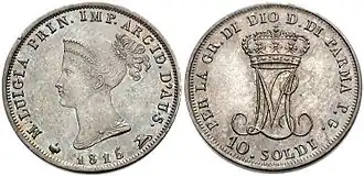 Ten soldi coin of Parma, 1815, bearing the head of Marie Louise on the obverse and her "ML" monogram on the reverse