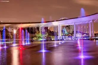 Fountains at the Marina Barrage during night time.