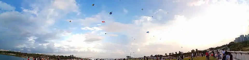 Kite-flying is a popular pastime on the barrage