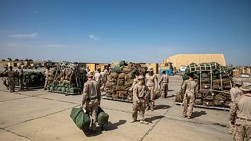 Marines of 2nd Battalion, 7th Marines packing up gear to withdraw from Al-Taqaddum Air Base, 24 March 2020
