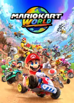The game's cast of playable racers drive towards the camera, led by Mario. Multiple environments are depicted around them. The game's logo, featuring a globe, is in the top middle.