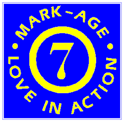 Blue logo with a yellow 7 in a circle, reading around it in a circle Mark-Age, Love in Action