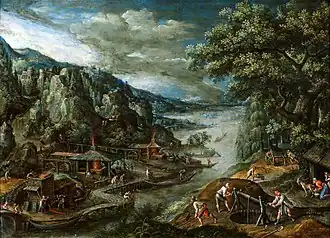 Marten van Valckenborch, River Landscape with Iron Mining Scene, 1611