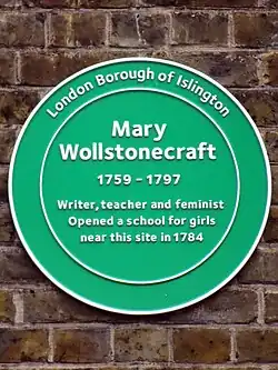 London Borough of Islington green plaque at Newington Green Primary School, commemorating Mary Wollstonecraft