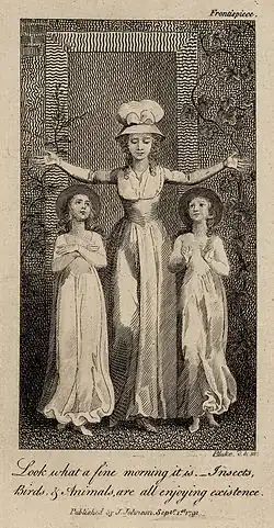 Drawing showing a female teacher holding her arms up in the shape of a cross. There is one female child on each side of her, both gazing up at her.