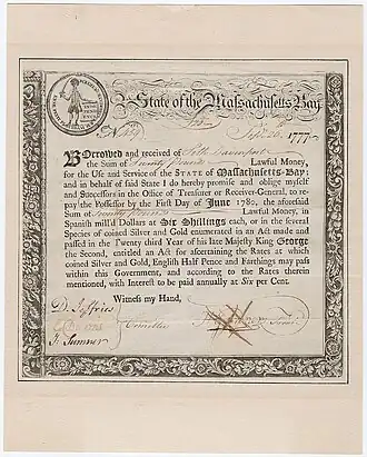 Image 36Certificate of the government of Massachusetts Bay acknowledging loan of £20 to state treasury 1777 (from History of New England)