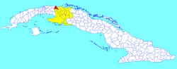 Matanzas municipality (red) within Matanzas Province (yellow) and Cuba