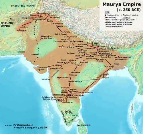 Maurya Empire, conceptualised as a network of core regions connected by networks of communication and trade, with large areas with peripheral or no Maurya control.[a]