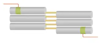 A chain of six thin cylindrical resonators with piezoelectric transducers at either end. The resonators are arranged in a compact zigzag pattern. Two coupling rods are attached to one end of each resonator, except for the first and last which have only one each. The other end of these two rods are attached to the resonator either side. Transducers on the first and last resonator are of the type in figure 4b.