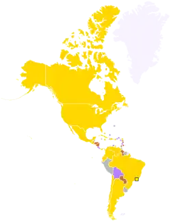 Map of the Americas pointing countries colored in gold, silver and bronze according to their top achievements during the 2007 Games. Countries that have not won medals are colored in purple. The yellow square indicates the location of the host city.