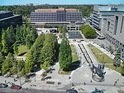 aerial view of Mel Lastman Square looking west from across the street