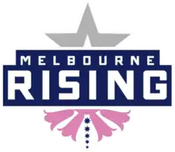 A central banner with the name "Melbourne Rising" on two lines in white capitals on a navy blue background. Above and behind the banner is the top half of a large rising star, outlined in grey; and below the banner, four Pink Heath flowers arranged in profile and a line of five stars in navy blue.