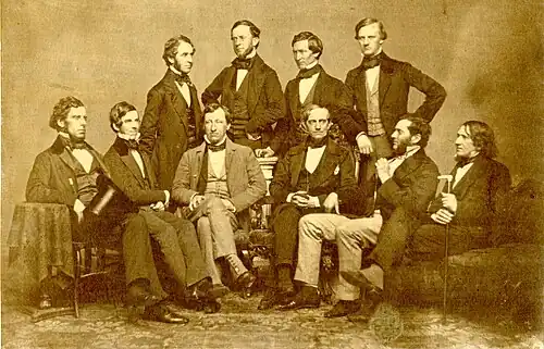 Mason (sitting, third from right) with other members of the Boston Society for Medical Improvement. Shot between 1843&nbsp;– 1854.[20]