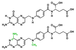 The chemical structures of folic acid and methotrexate highlighting the differences between these two substances (amidation of pyrimidone and methylation of secondary amine)