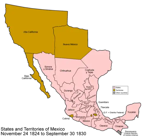 The territories of Mexico in 1830 (brown).