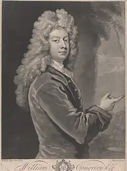 Mezzotint portrait of William Congreve Esq by John Faber the Younger after Sir Godfrey Kneller, 1733. Chaloner Smith 1883; British Mezzotinto portraits from the introduction of the art to the early part of the present century # 208.40 Yale Center for British Art