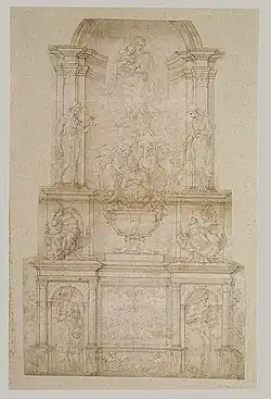 Study for a wall tomb,  1506, attributed to Michelangelo. This may be a surviving visual evidence for the project commissioned in 1505, but contradicts Michelangelo's early biographers’ description of a freestanding tomb.