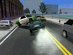 A heavily damaged Cadillac Eldorado hitting oncoming traffic