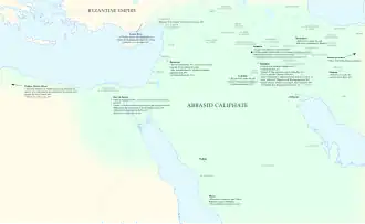 Map of the Middle East with the main areas and events associated with the mihna labelled