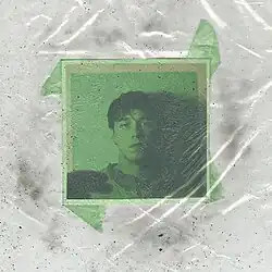 A green-colored photo of the artist on a white background smudged with dirt, under a sheet of clear plastic.