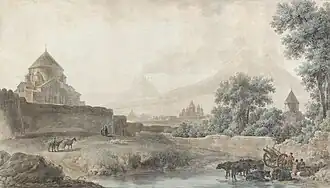 A 1783 watercolor of the churches of Etchmiadzin with Ararat by Mikhail Matveevich Ivanov.[208][209][z]