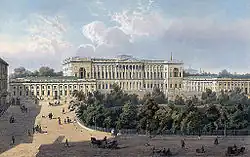 Mikhailovskaya square and the Mikhailovsky Palace in the 19th century, lithograph after a drawing by Joseph-Maria Charlemagne-Baudet.