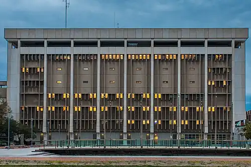 The Milwaukee Police Department headquarters as viewed from a nearby park