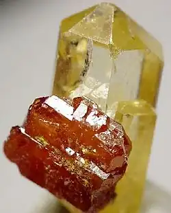 Gemmy mimetite with a "sidecar" of wulfenite, 2 x 1 x 1&nbsp;cm.