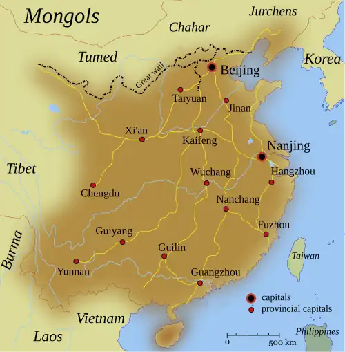 Map of China, showing the capital cities (Beijing, Nanjing), provincial capitals, and main transportation routes (mostly between the capitals and provincial capitals).