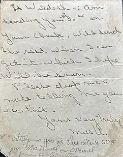 Note reading: "Lt. Wildish - am sending you 50 pesos on your check, will send the rest when I can get it, which I hope will be soon. Please drop me a note telling me you rec. this. Yours very truly, Miss U." Annotation on the bottom reads "Fillipino gave me this note and 50 pesos in [illegible] or O'Donnell prior to Cabanatuan."