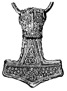 Drawing of a 4.6&nbsp;cm gold-plated silver Mjölnir pendant found at Bredsätra on Öland, Sweden