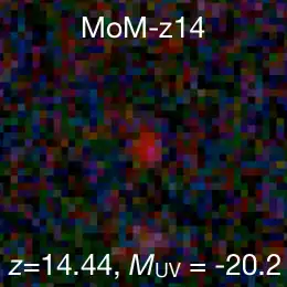 An infrared image of MoM-z14 from NASA's James Webb Space Telescope that was taken by the NIRCam