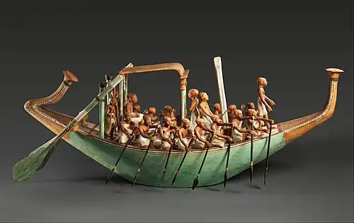 Model paddling boat, c. 1981&nbsp;– c. 1975 BC, wood, paint, plaster, linen twine and linen fabric, Metropolitan Museum of Art, New York City