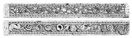 Reliefs of the Mora doorjamb with grapevine design, Mora, near Mathura, circa 15 CE. State Museum Lucknow, SML J.526.[46] Similar scroll designs are known from Gandhara, from Pataliputra, and from Greco-Roman art.