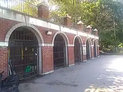 A brick arcade in the southern section of Morningside Park