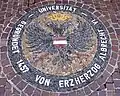 A mosaic laid into stone. It is not visible, but it lays in front of the University Church. It displays the old crest of Albert Ludwig, the leader who instituted the University. It displays a two-headed eagle in dark stone with an austrain crest in the middle, surrounded by brown stones, surrounded by a ring of dark stone and white stone text.
