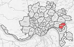 Mount Lookout (red) within Cincinnati, Ohio