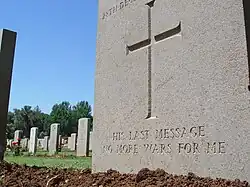 HIS LAST MESSAGE: NO MORE WARS FOR ME&nbsp;– A headstone in the Jerusalem British World War I Cemetery on Mount Scopus