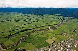 View eastward from Murupara over the Whirinaki River and Galatea Plains toward the Ikawhenua Range