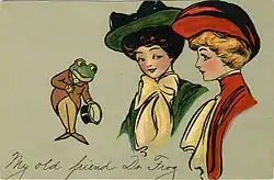 Image 29"My Old Friend Dr. Frog". Promotional postcard for "Frog In Your Throat" Company throat medicine (from Frogs in culture)
