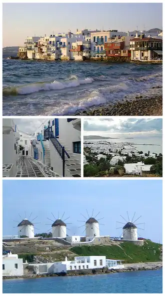 Mykonos montage. Clicking on an image in the picture causes the browser to load the appropriate article, if it exists.