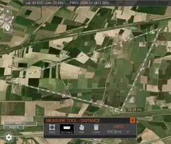 The FIRMS measurement tool calculates the length of a user defined sequence of connected line segments, here the isosceles right triangle of the Virgo interferometer with sides 3&nbsp;km + 3&nbsp;km + 3&nbsp;√2&nbsp;km ≈ 10.24&nbsp;km