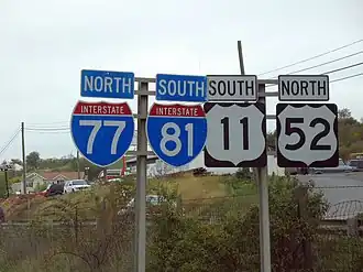 This westbound highway in southwestern Virginia simultaneously carries I-77 and I-81 in opposite directions. The wrong-way concurrency is also reflected in US&nbsp;52 and US&nbsp;11, which are concurrent with I-77 and I-81, respectively.