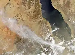 Satellite image of Ethiopia/ Eritrea showing the ash plume from Nabro on 13 June 2011.